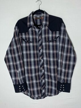 Vintage Y2K Roper Black Grey Plaid Western Pearl Snap Shirt W Smile Pockets L